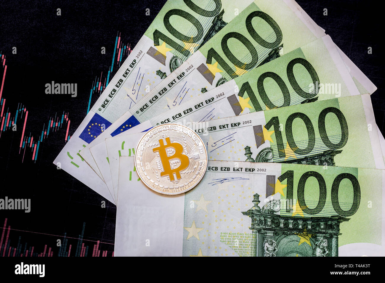 Virtual Money Golden Bitcoin On Hundred Euro Bills And Paper Forex - 
